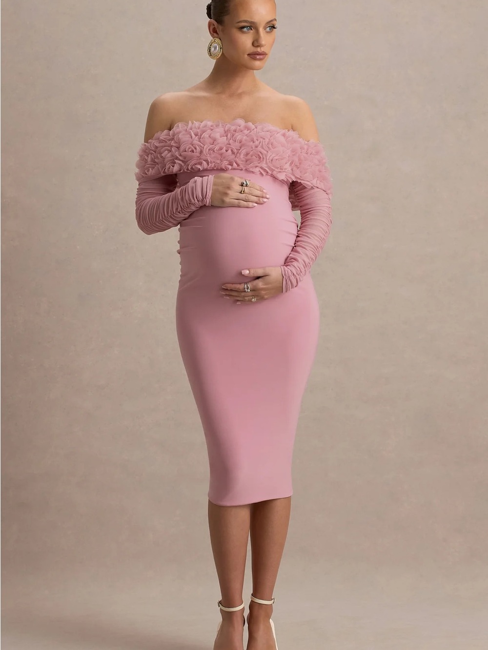 Blush Pink Mesh Floral Bardot Maternity Midi Dress